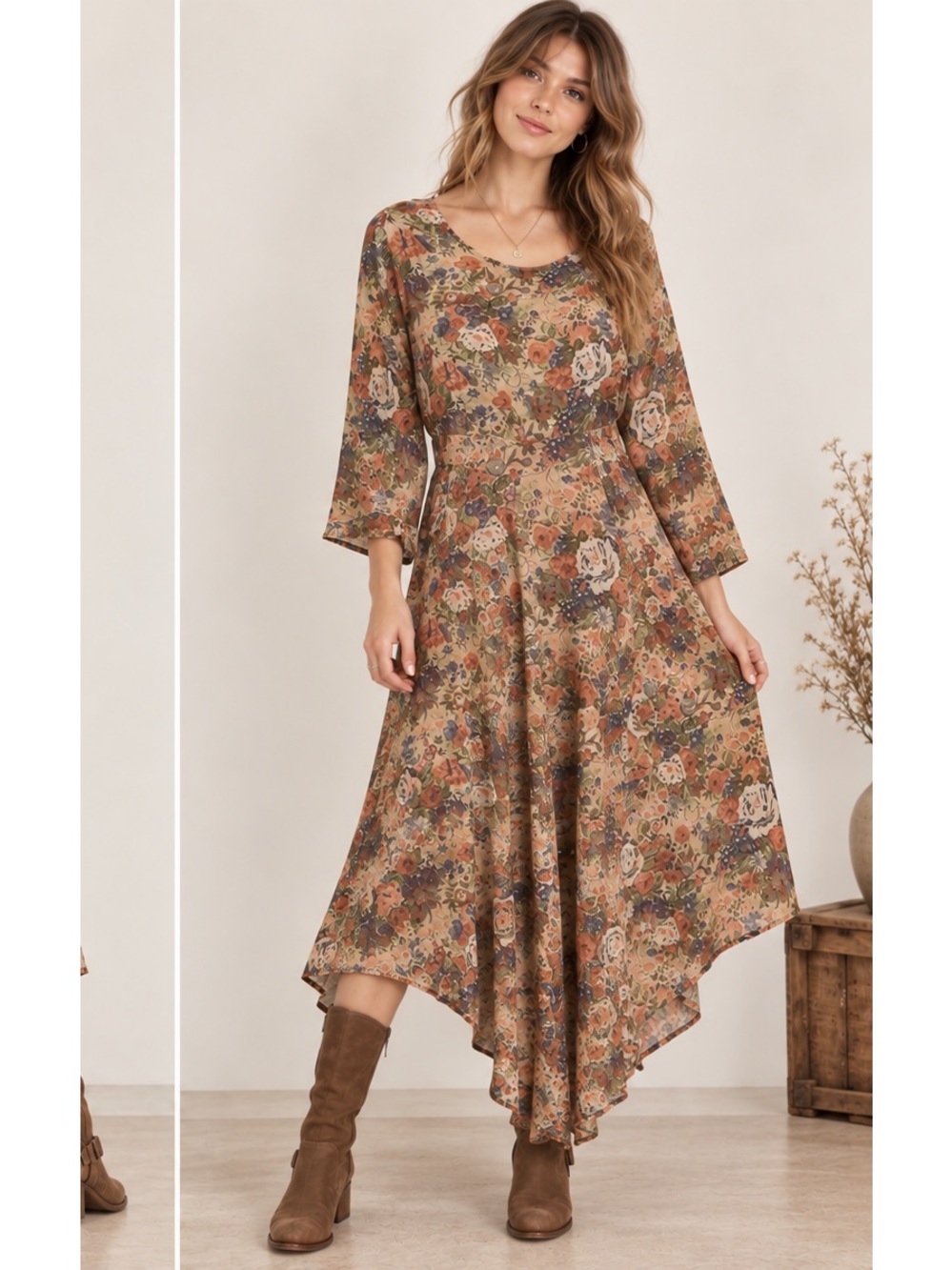 Knapp Studio 80’s Beige Floral Boho Cottagecore 1/4 Sleeve Midi/Maxi Dress Small